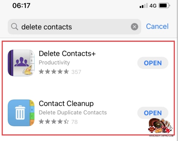 Vào App Store tải ứng dụng Delete Contacts về điện thoại